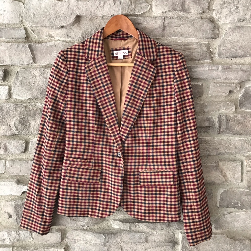 NWOT Merona Size 4 Tan/Burgundy/Navy Checkered Blazer